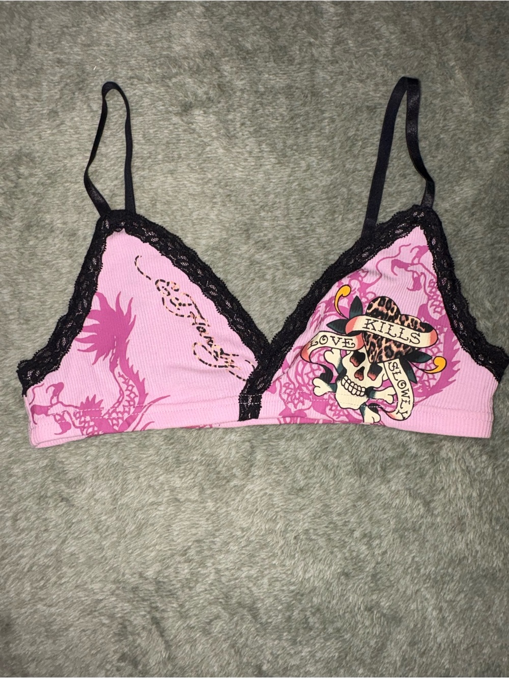 Ed Hardy Pink Lace-Trim Bralette with Skull Graphic size L